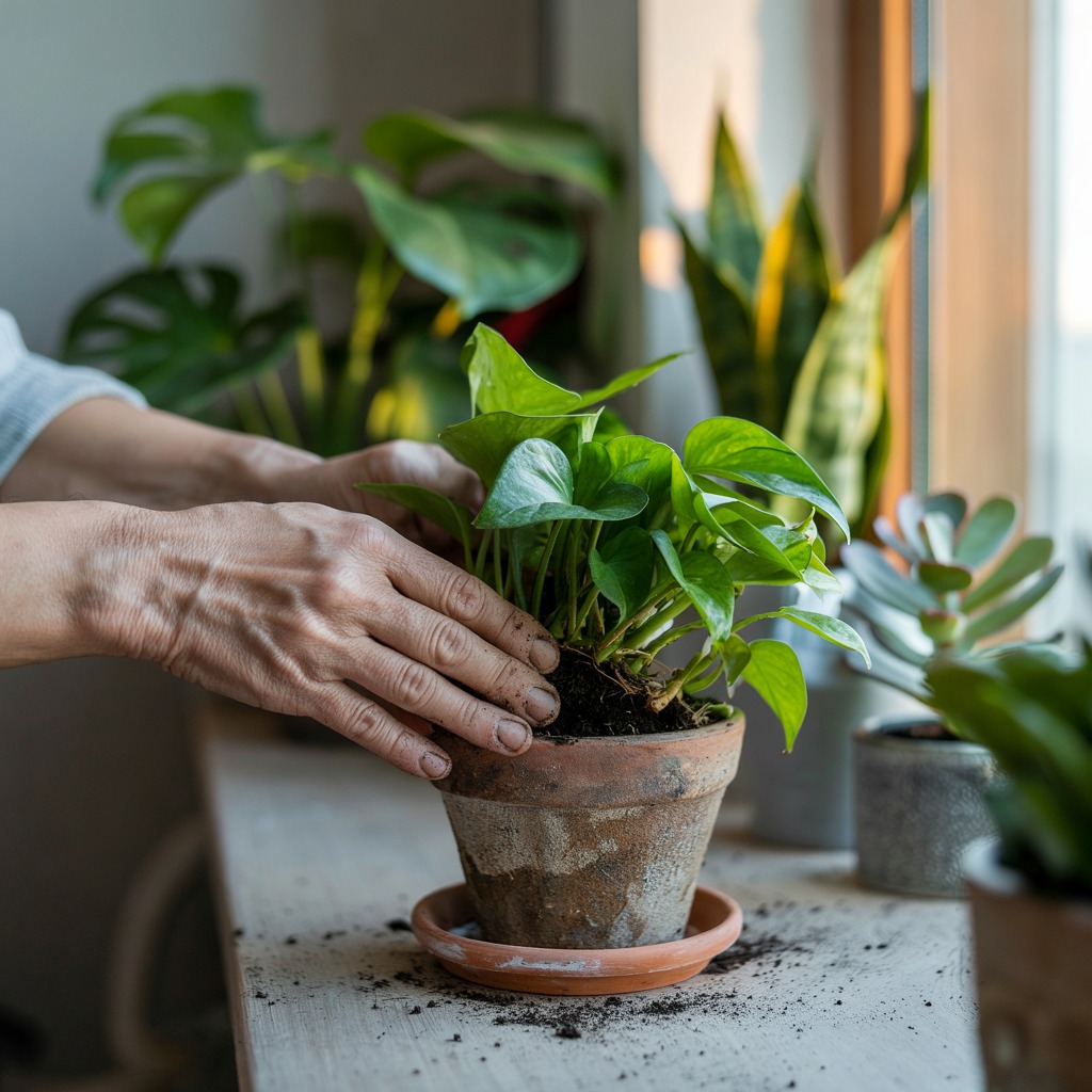 Person caring for houseplants with proper tools and techniques